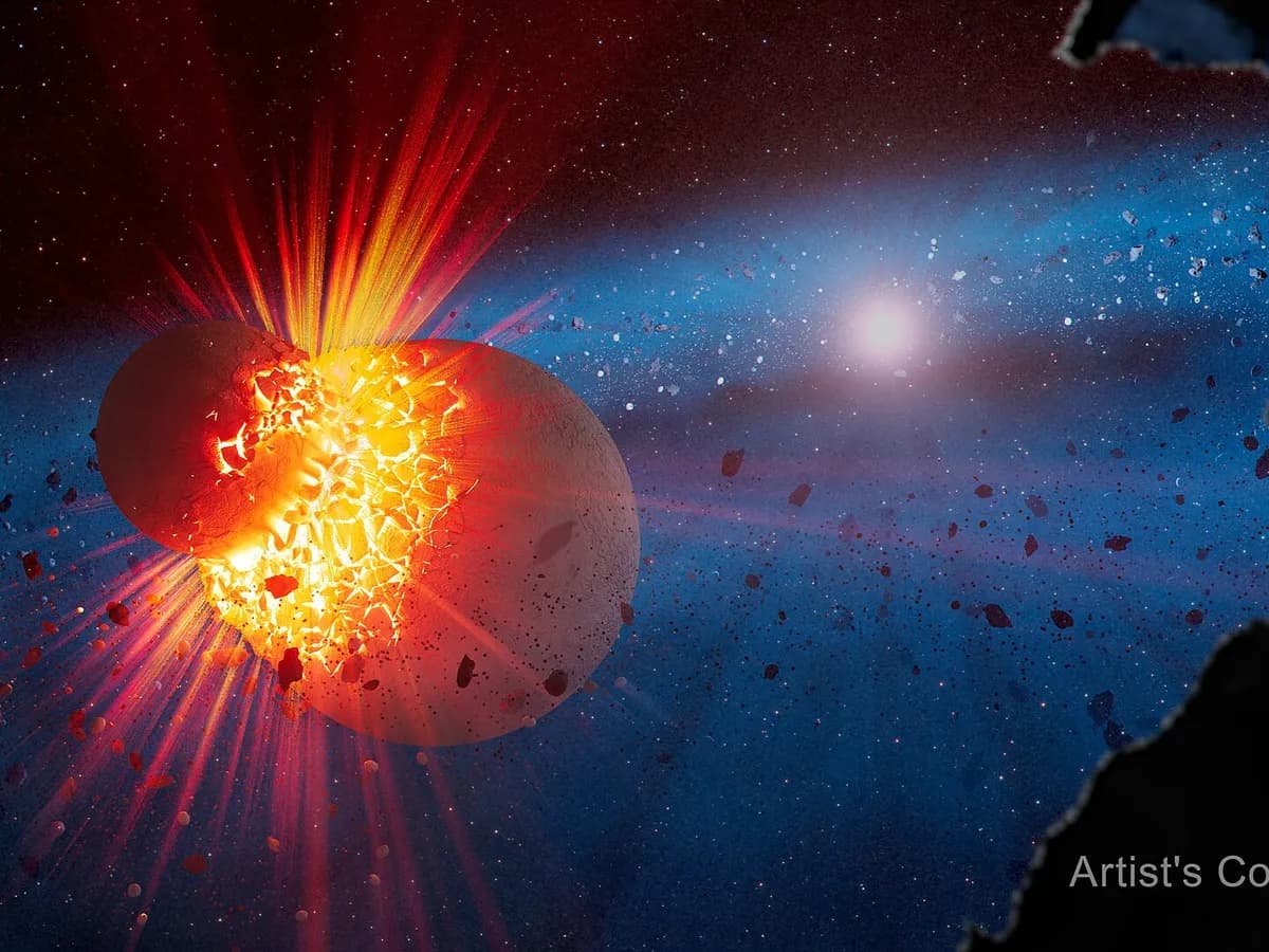 Umjetnički prikaz (ilustracija) ekstremnog diska krhotina, oblaka tople prašine koji kruži blizu zvijezde nakon sudara planetarnih tijela.