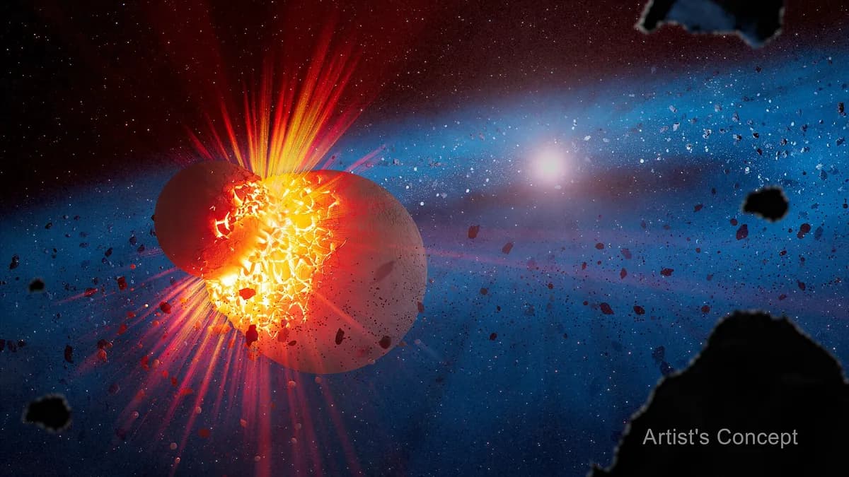 Umjetnički prikaz (ilustracija) ekstremnog diska krhotina, oblaka tople prašine koji kruži blizu zvijezde nakon sudara planetarnih tijela.