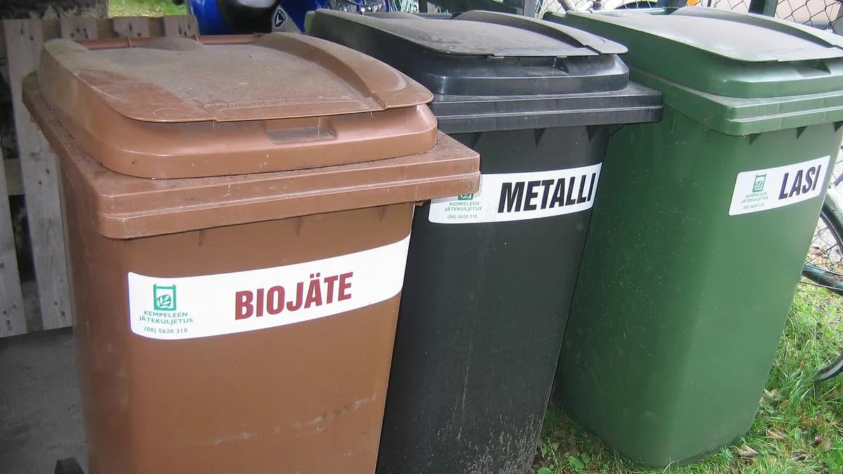Ilustracija: kućne kante za razvrstavanje biološkog, metalnog i staklenog otpada.