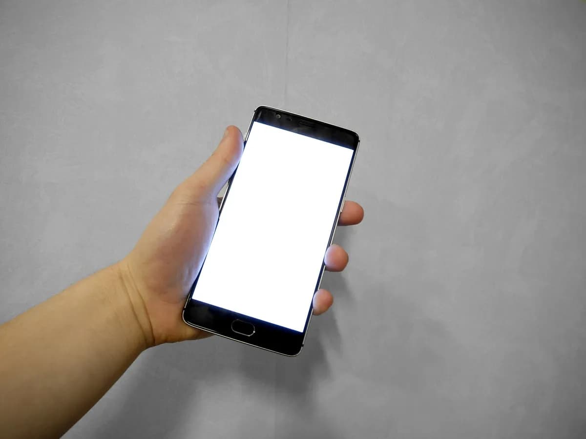 Ilustracija: ruka drži pametni telefon s praznim bijelim ekranom.