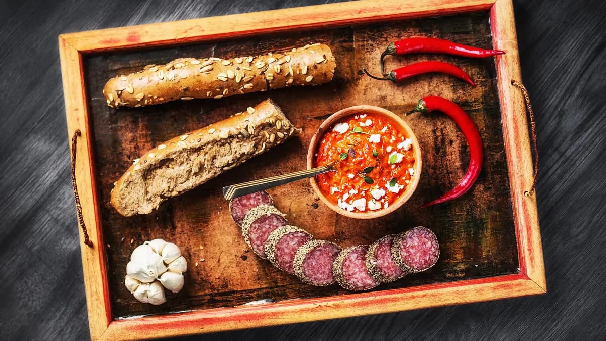 Ajvar poslužen s hljebom, bijelim lukom i ljutim papričicama